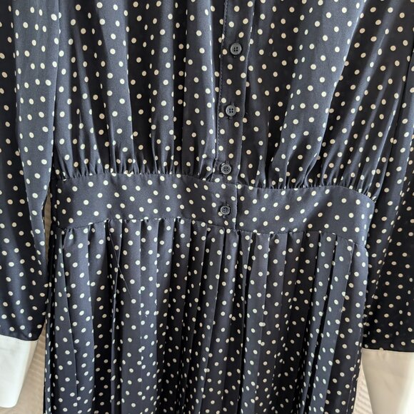 Zara Polka Dot Pleated Dress Navy Blue White Collar Cuffs Size Small Retro - Picture 9 of 13